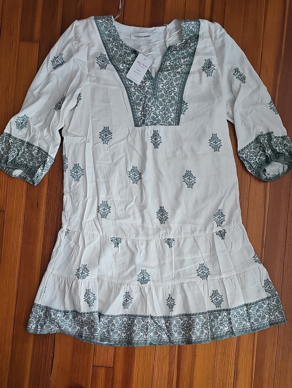 Lucky Brand White Mini Dress with Green Print Trim